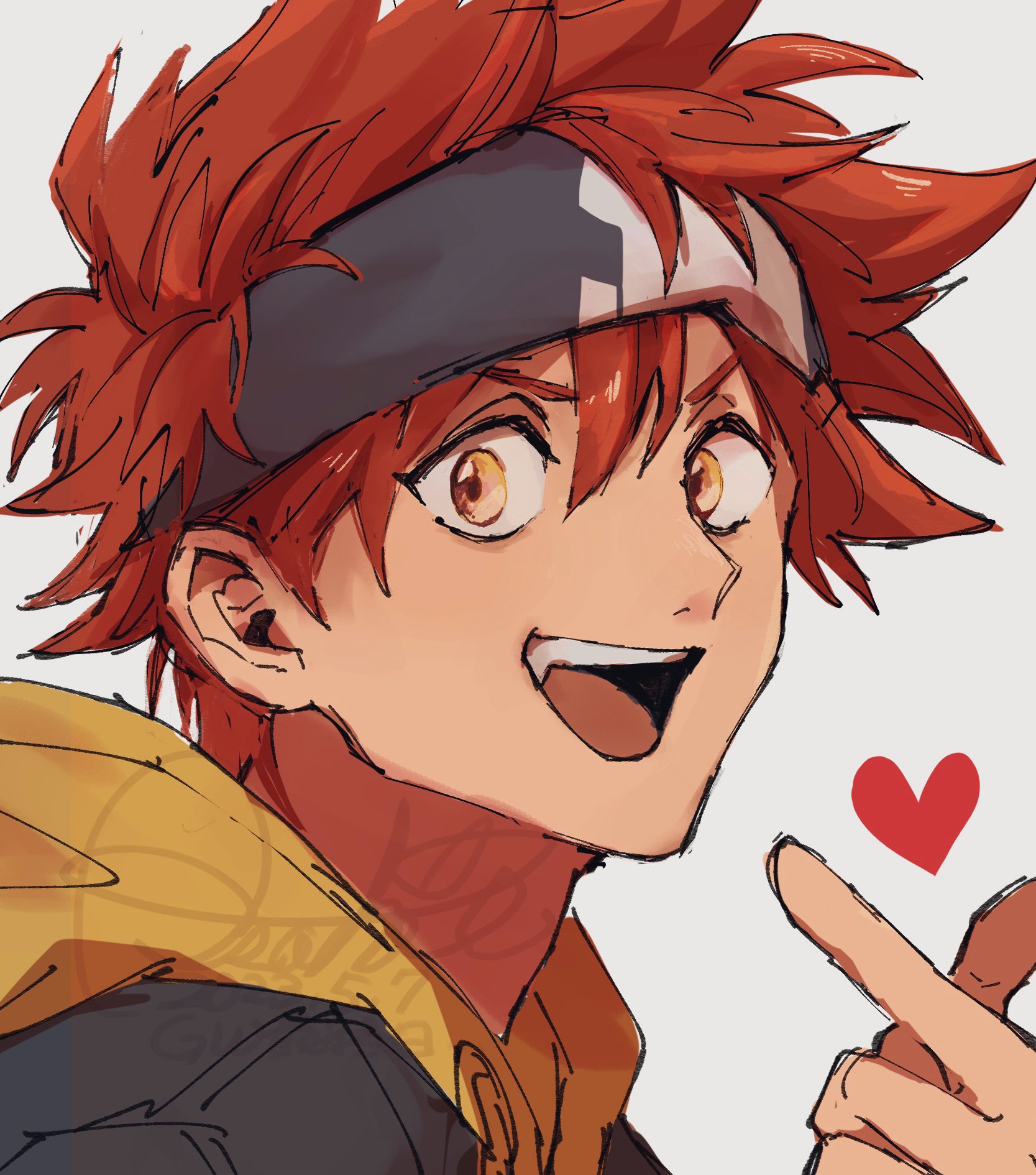 kyan reki, sk8 the infinity, commentary request, highres, 1boy, ash cst, bandana, blue bandana, hair between eyes, happy, headband, heart, hood, hood down, looking at viewer, male focus, open mouth, portrait, red hair, short hair, signature, simple background, solo, teeth, upper teeth only, white background, yellow eyes