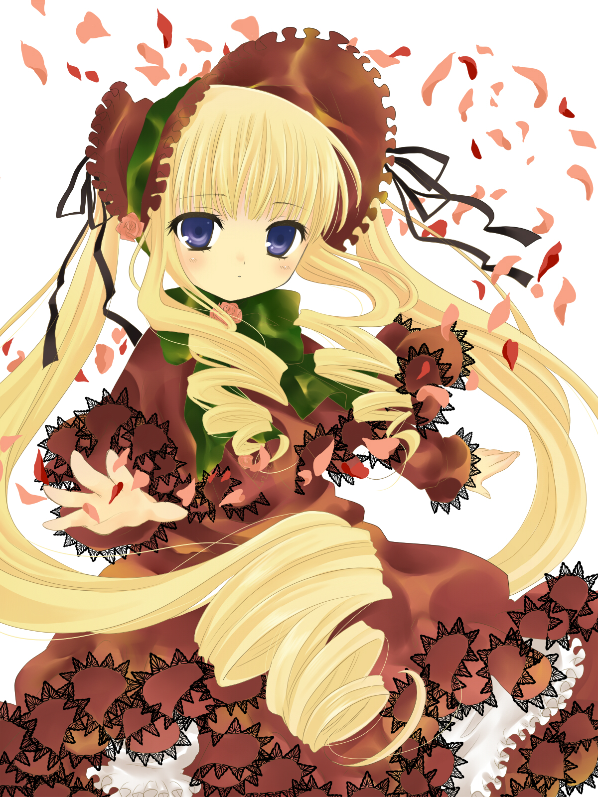 hanabana tsubomi, shinku, rozen maiden, highres, 00s, blonde hair, blue eyes, bonnet, bow, dress, drill hair, long hair, petals, rose petals, solo, very long hair