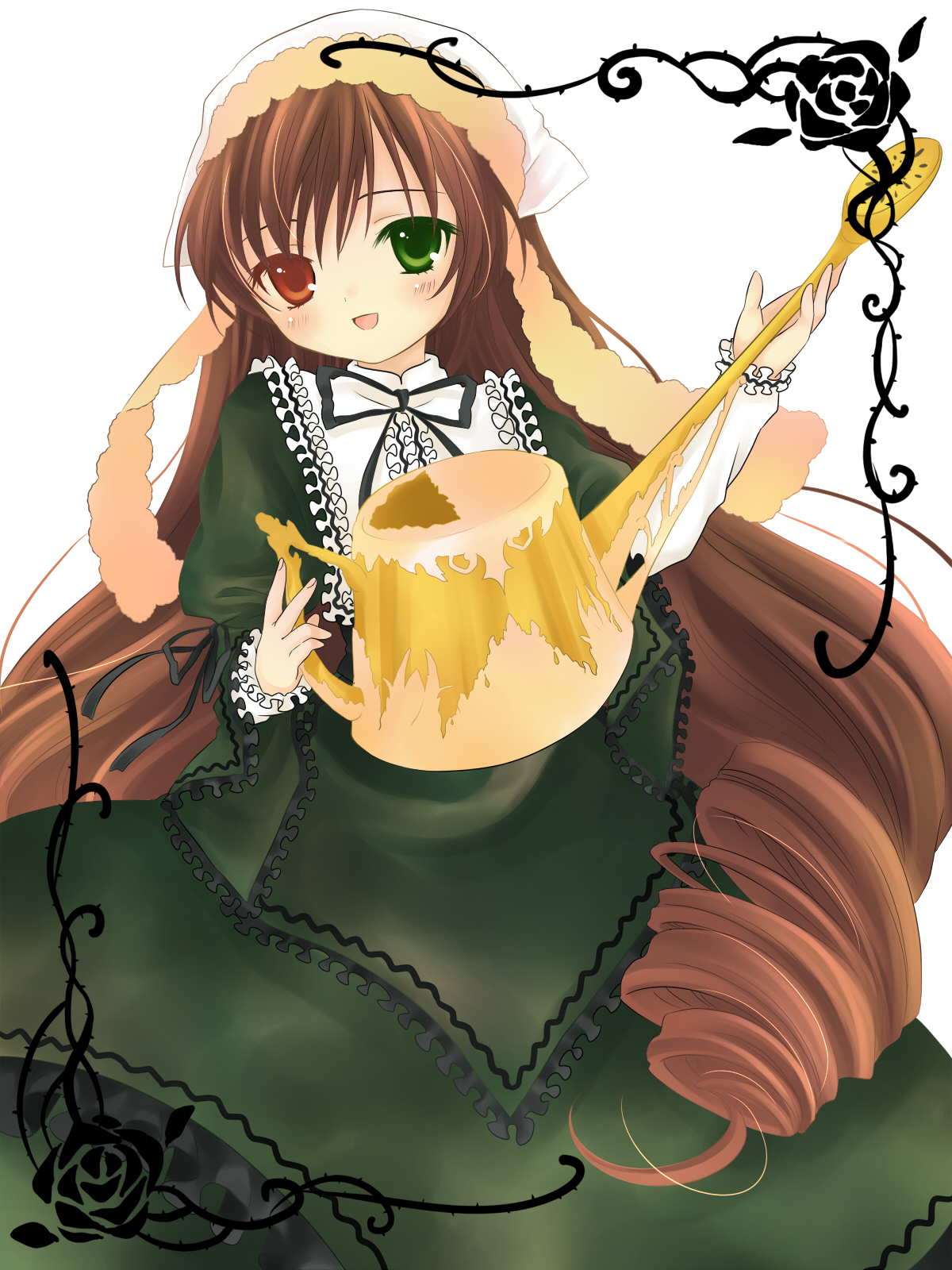 hanabana tsubomi, suiseiseki, rozen maiden, bad id, bad pixiv id, highres, 00s, brown hair, dress, headscarf, heterochromia, long hair, smile, solo, very long hair, watering can, white headscarf