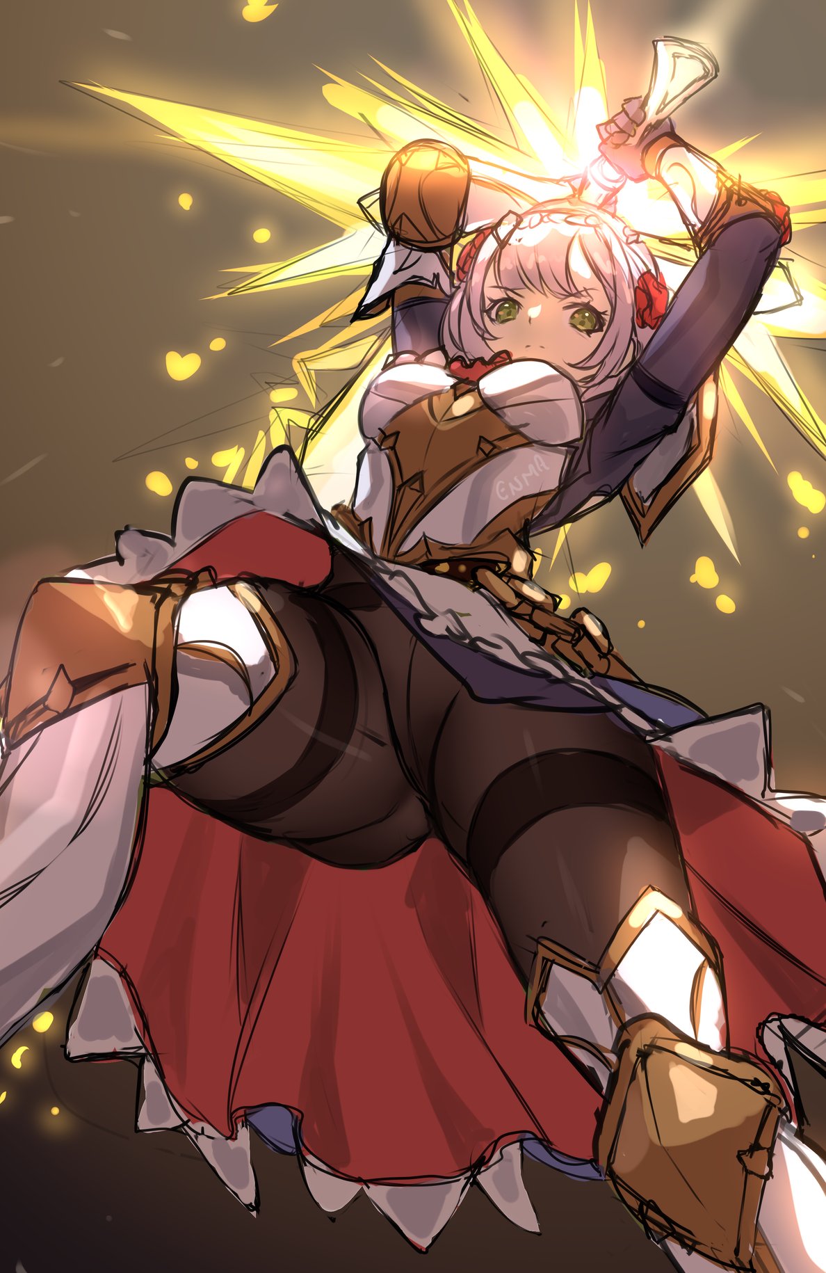 enma (enmanuelart), noelle (genshin impact), genshin impact, commentary, english commentary, highres, unfinished, 1girl, arm armor, armor, armored dress, arms up, artist name, ascot, ass, ass focus, black gloves, black pantyhose, boobplate, braid, breastplate, breasts, brown background, closed mouth, dress, eyelashes, feet out of frame, flower, flower hairpin, from below, frown, gloves, glowing, glowing sword, glowing weapon, greatsword, green eyes, grey hair, holding, holding sword, holding weapon, knee armor, light particles, looking at viewer, looking down, maid, maid headdress, medium breasts, medium hair, pantyhose, red ascot, red flower, red rose, red skirt, rose, skirt, solo, sword, watermark, weapon, white armor