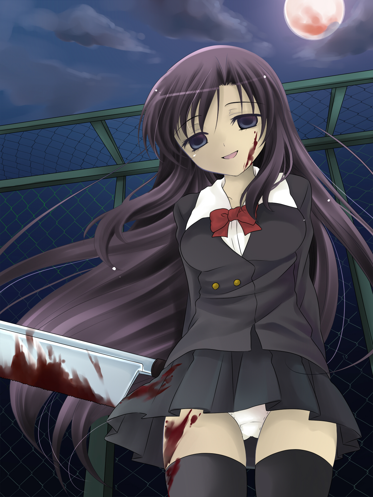 hanabana tsubomi, katsura kotonoha, school days, bad id, bad pixiv id, highres, 00s, 1girl, blood, blue eyes, bow, empty eyes, female focus, knife, panties, purple hair, red bow, school uniform, serafuku, solo, thighhighs, underwear, upskirt, yandere, zettai ryouiki