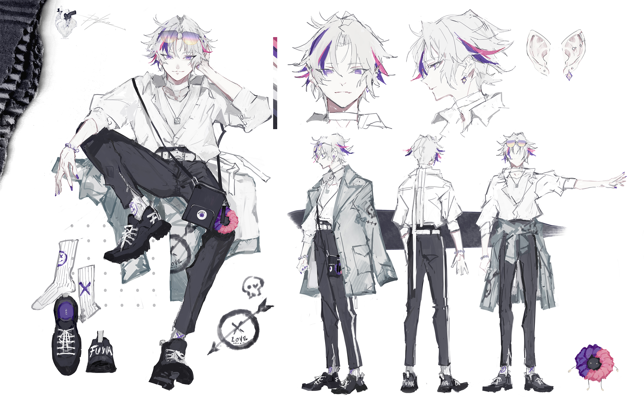 xdakn, fuwa minato, nijisanji, hashtag-only commentary, highres, 1boy, alternate costume, bag, bag charm, bead bracelet, beads, belt, black pants, black shoes, bracelet, charm (object), closed mouth, clothes around waist, coat, coat around waist, coat on shoulders, collared jacket, color guide, crew neck, cross-laced shoes, curtained hair, diamond-shaped earrings, ear piercing, earclip, earrings, eyewear on head, full body, gradient-tinted eyewear, grey coat, hand on own cheek, hand on own face, heart (organ), invisible chair, jacket, jacket tucked in, jewelry, knee up, long sleeves, looking at viewer, male focus, mismatched earrings, multicolored hair, multiple views, nail polish, necklace, open clothes, open jacket, outstretched arm, pants, parody, pendant, piercing, pink hair, print socks, profile, purple eyes, purple hair, purple nails, reference sheet, ribbed socks, shirt, shoes, short hair, shoulder bag, signature, simple background, sitting, smile, socks, solo, spread legs, standing, straight-on, streaked hair, sunglasses, three-quarter sleeves, tinted eyewear, turnaround, unworn coat, virtual youtuber, white background, white belt, white hair, white jacket, white shirt, white socks
