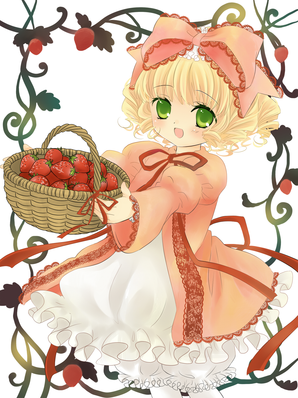 hanabana tsubomi, hinaichigo, rozen maiden, highres, 00s, 1girl, basket, blonde hair, bow, curly hair, dress, food, fruit, green eyes, name connection, object namesake, pink bow, strawberry