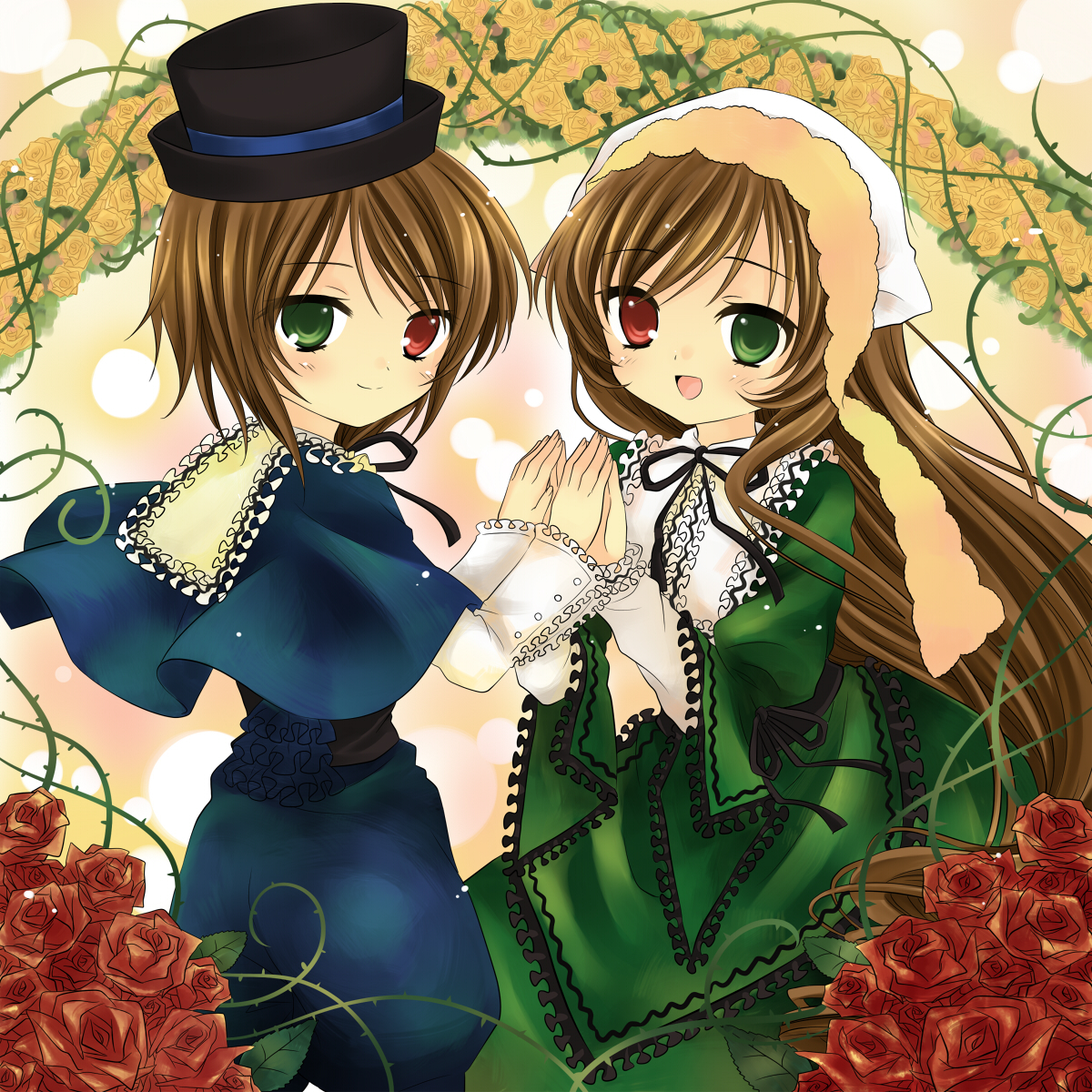 hanabana tsubomi, souseiseki, suiseiseki, rozen maiden, bad id, bad pixiv id, highres, 00s, 2girls, dress, flower, frills, hat, headscarf, heterochromia, multiple girls, rose, siblings, sisters, twins, white headscarf