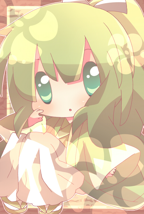 yuuto, shiranui akeno, seto no hanayome, bad id, bad pixiv id, 00s, chibi, green eyes, green hair, japanese clothes, sandals, solo