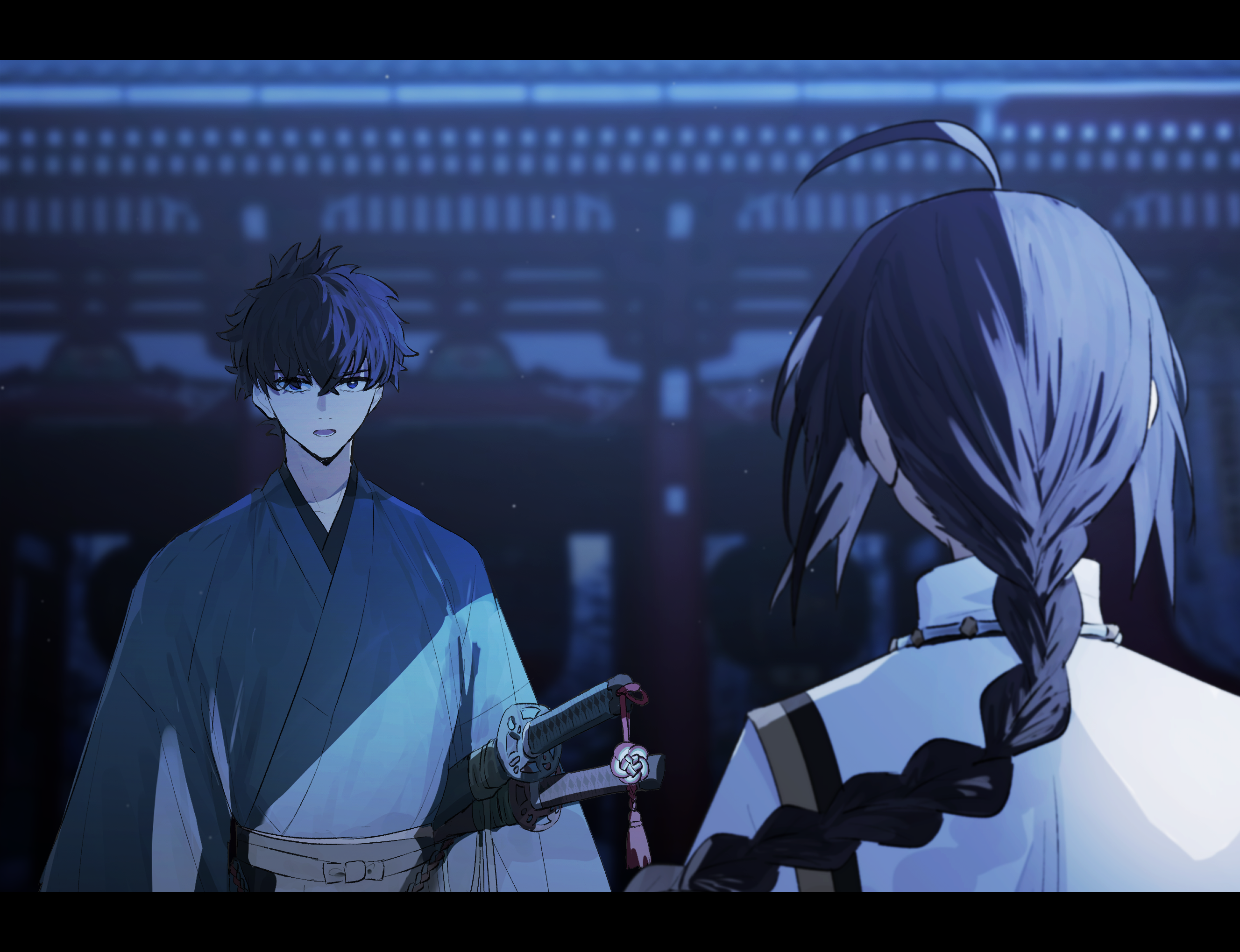 ninjin (ne f g o), miyamoto iori (fate), yamato takeru (fate), fate/samurai remnant, fate (series), commentary request, highres, 1boy, 1other, ahoge, black hair, blurry, blurry background, braid, hair between eyes, japanese clothes, kimono, letterboxed, long hair, long sleeves, looking at another, male focus, night, outdoors, parted lips, sword, upper body, weapon