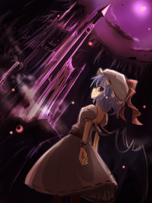 mashayuki, remilia scarlet, touhou, 1girl, bat wings, blue hair, castle, female focus, hat, moon, night, outdoors, red eyes, sketch, sky, solo, wings
