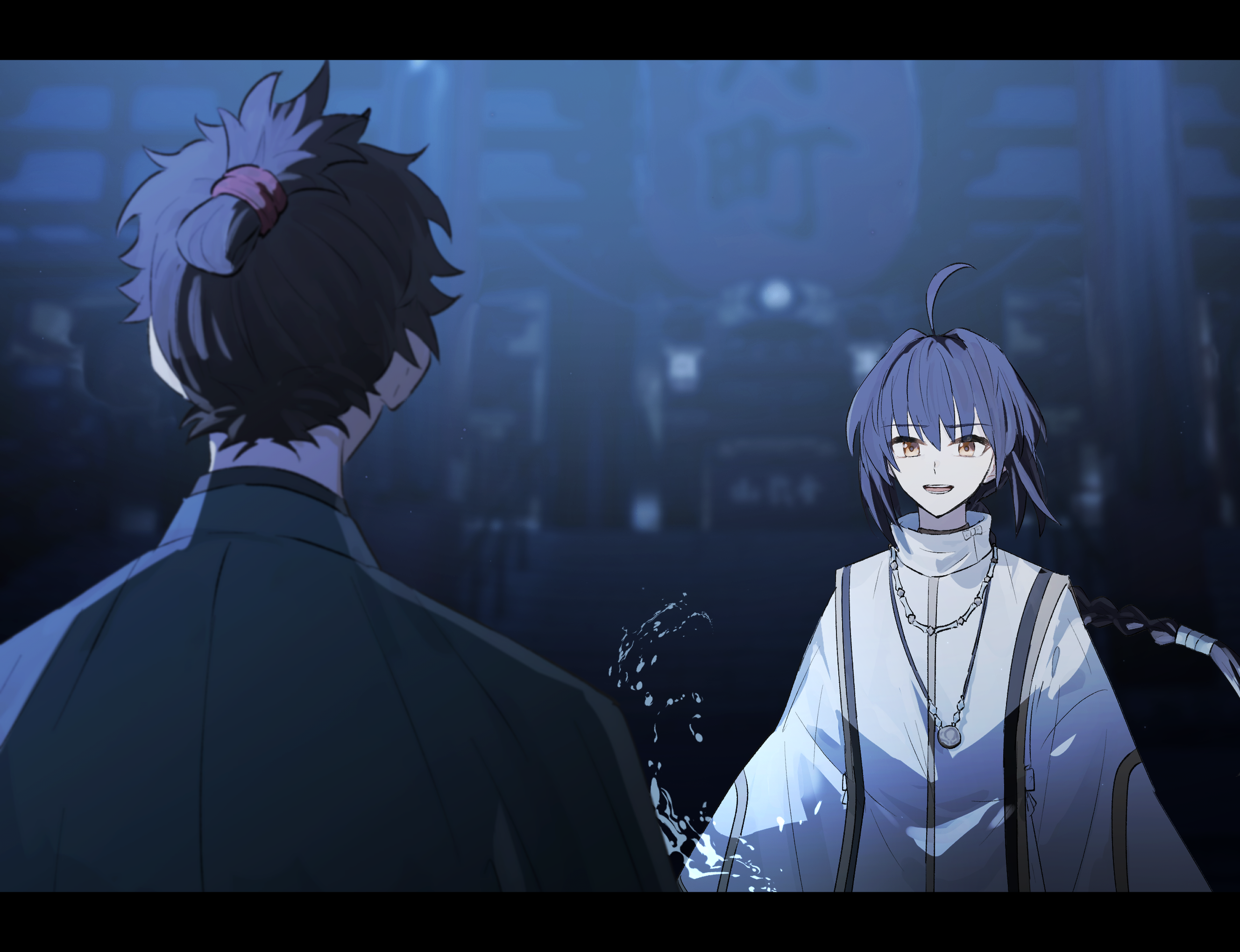 ninjin (ne f g o), miyamoto iori (fate), yamato takeru (fate), fate/samurai remnant, fate (series), commentary request, highres, 1boy, 1other, ahoge, black hair, braid, japanese clothes, jewelry, letterboxed, long hair, looking at another, necklace, night, open mouth, outdoors, parted lips, yellow eyes