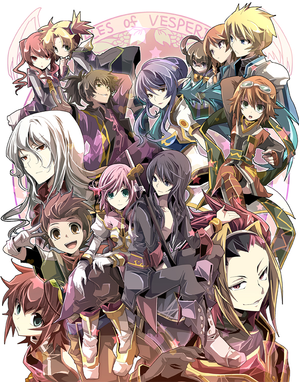 fruit punch, droite (tales), duke pantarei, estellise sidos heurassein, gauche (tales), judith (tales), karol capel, nan (tales), raven (tales), rita mordio, sodia (tales), witcher (tales), yuri lowell, zagi (tales), tales of (series), tales of vesperia, bad id, bad pixiv id, 00s, 6+boys, 6+girls, ahoge, asymmetrical clothes, black hair, blonde hair, boots, brown eyes, brown hair, copyright name, everyone, glasses, goggles, green eyes, happy, long hair, multicolored hair, multiple boys, multiple girls, open mouth, orange hair, pink hair, pointy ears, purple hair, red eyes, red hair, short hair, short twintails, single thighhigh, sitting, skirt, smile, streaked hair, sword, thighhighs, twintails, v, weapon, white hair
