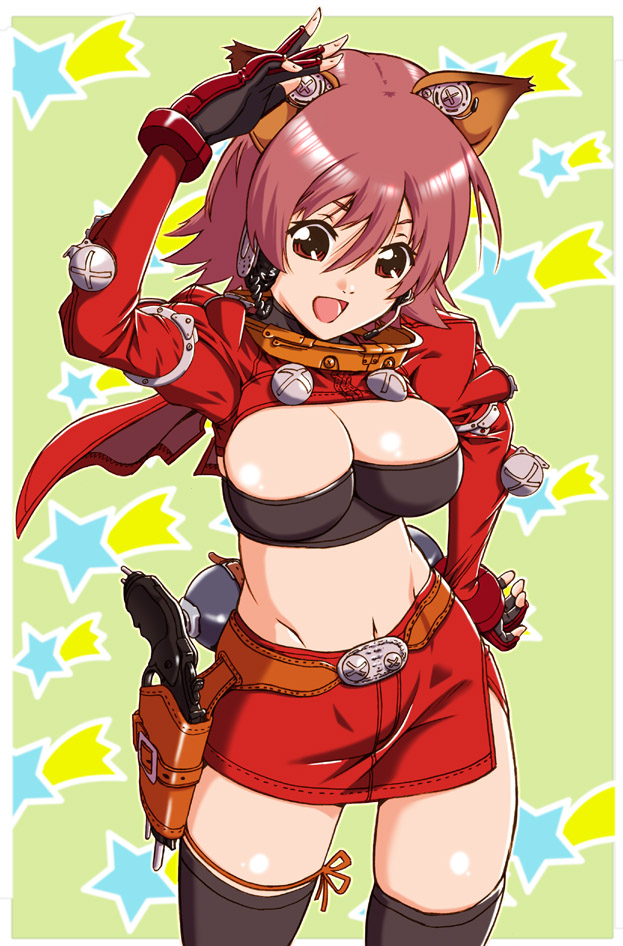 aida kan mori, original, 1girl, animal ears, arm up, bandeau, black thighhighs, breasts, buckle, cape, cat ears, cleavage, collar, cowboy shot, cowboy western, female focus, fingerless gloves, gloves, gun, hand on own hip, handgun, happy, headset, hip focus, holster, jacket, large breasts, midriff, no bra, pink hair, red eyes, red hair, screw, short hair, shorts, smile, solo, standing, star (symbol), strapless, thigh strap, thighhighs, tube top, turtleneck, waving, weapon, zettai ryouiki