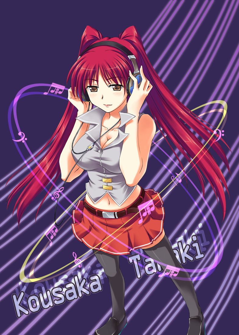 luko, kousaka tamaki, to heart (series), to heart 2, 00s, 1girl, belt, breasts, casual, cleavage, female focus, headphones, long hair, medium breasts, music, red hair, skirt, socks, solo, thighhighs, twintails