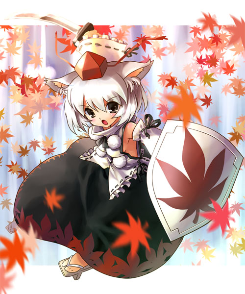 katahira masashi, inubashiri momiji, touhou, >:o, 1girl, :o, animal ears, armpits, autumn, brown eyes, dagger, detached sleeves, female focus, geta, katana, knife, leaf, maple leaf, outstretched arms, shield, solo, spread arms, sword, tengu-geta, v-shaped eyebrows, water, waterfall, weapon, white hair, wolf ears