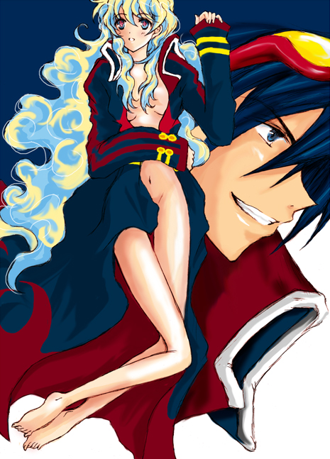 croswa, nia teppelin, simon (ttgl), tengen toppa gurren lagann, bad id, bad pixiv id, 00s, 1boy, 1girl, bad anatomy, bad feet, barefoot, bottomless, coat, feet, naked coat, no bra, no panties, poorly drawn