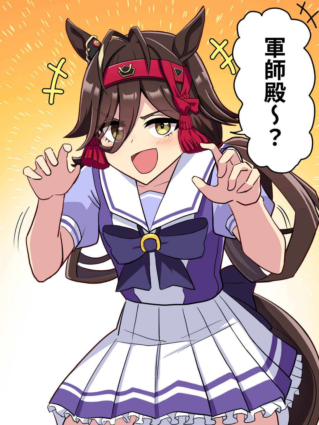 missan sun, no reason (umamusume), umamusume, highres, 1girl, animal ears, antenna hair, blunt tresses, bow, bowtie, brown hair, hair between eyes, headband, horse ears, horse girl, horse tail, horseshoe ornament, long hair, looking at viewer, low twintails, open mouth, pleated skirt, puffy short sleeves, puffy sleeves, purple bow, purple bowtie, purple shirt, red headband, sailor collar, sailor shirt, school uniform, shirt, short sleeves, skirt, smile, solo, tail, tracen school uniform, twintails, white skirt, yellow eyes