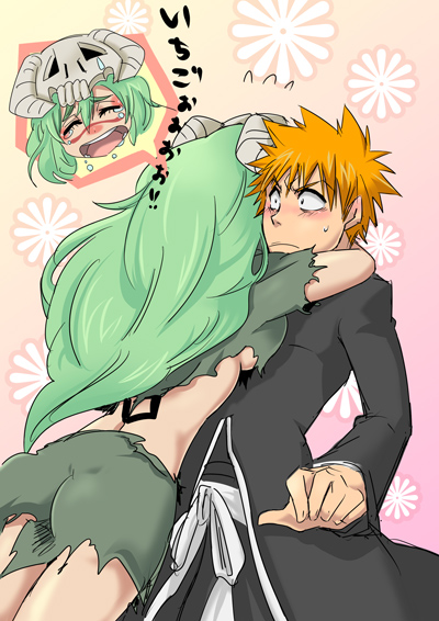 abitu, kurosaki ichigo, nelliel tu odelschwanck, bleach, spoilers, 00s, 1boy, 1girl, arrancar, bankai, facial mark, green hair, helmet, hetero, hug, long hair, midriff, orange hair, skull, tattoo, tears, torn clothes