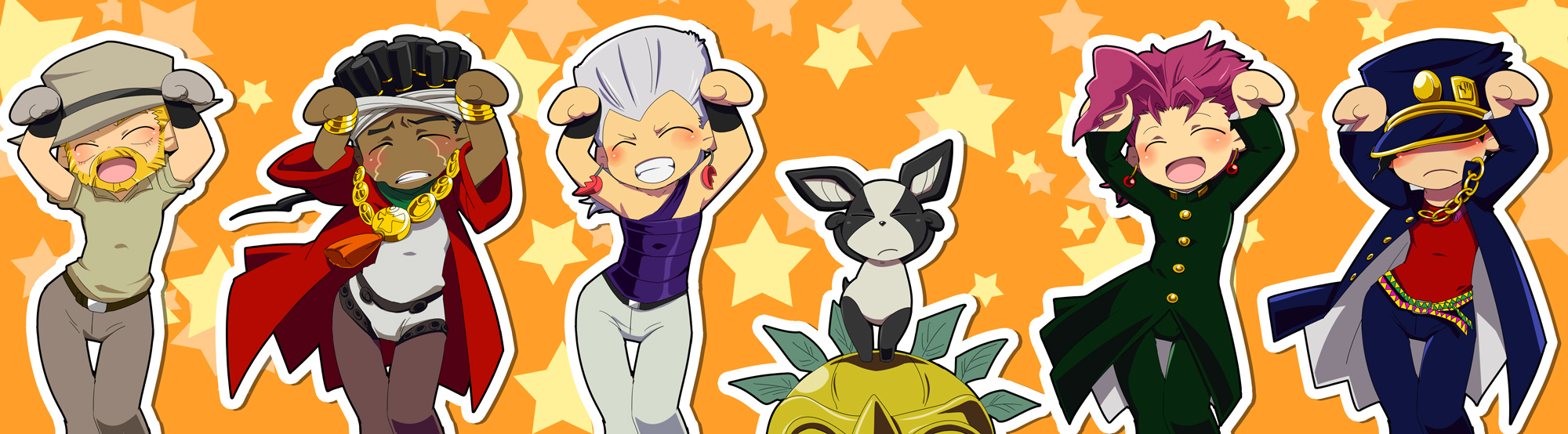 abitu, iggy (jojo), jean pierre polnareff, joseph joestar, joseph joestar (old), kakyoin noriaki, kuujou joutarou, mohammed abdul, mohammed avdol, the fool (stand), jojo no kimyou na bouken, highres, long image, wide image, 5boys, blush, caramelldansen, chibi, dark-skinned male, dark skin, dog, gakuran, multiple boys, parody, school uniform, serafuku, stand (jojo), tears