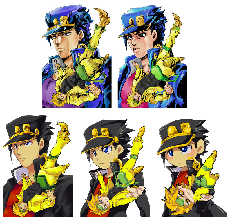 abitu, dio brando, kuujou joutarou, jojo no kimyou na bouken, 2boys, chibi, comparison, gakuran, hat, male focus, multiple boys, school uniform, serafuku