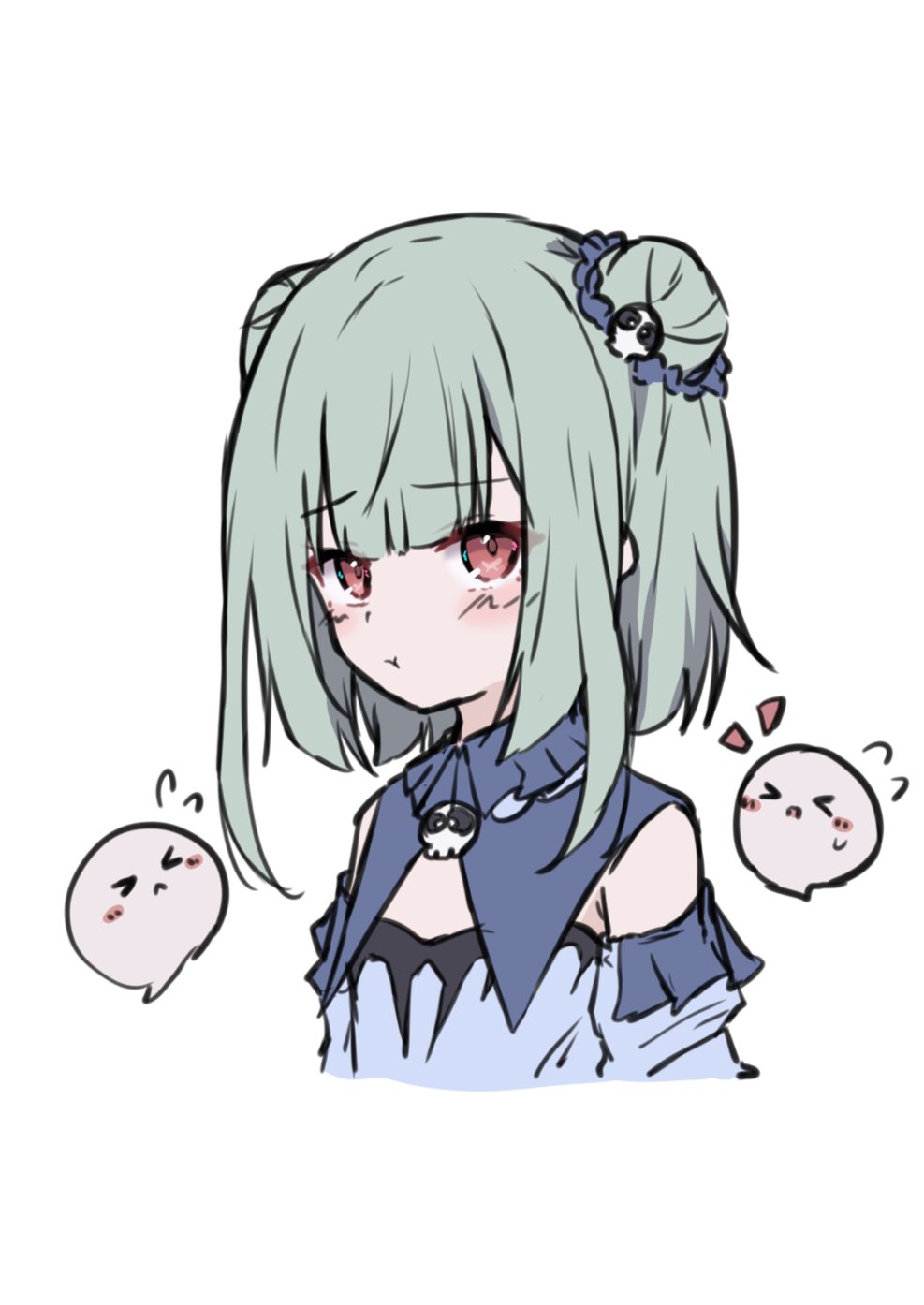 hayashi maka, fandead (uruha rushia), uruha rushia, uruha rushia (1st costume), hololive, highres, > <, 1girl, :<, :t, blue sleeves, blunt bangs, blush, bob cut, brooch, closed mouth, cropped torso, detached collar, detached sleeves, double bun, flat chest, flying sweatdrops, frilled shirt collar, frills, furrowed brow, green hair, hair bun, hair ornament, jewelry, looking ahead, mascot, notice lines, pout, puritan collar, red eyes, short hair, short hair with long locks, side up bun, sidelocks, simple background, skull brooch, skull hair ornament, solo, strapless, upturned eyes, virtual youtuber, white background