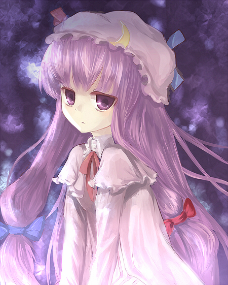 renunbo, patchouli knowledge, touhou, bad id, bad pixiv id, 1girl, female focus, hat, long hair, purple eyes, purple hair, ribbon, solo