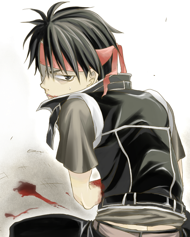 kittaka kaname, orphen, majutsushi orphen, bad id, bad pixiv id, 1boy, blood, gradient background, headband, male focus, solo, white background