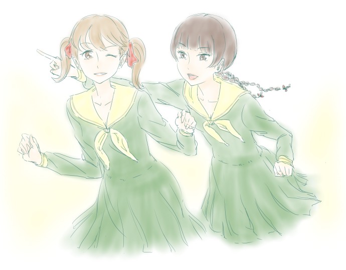hachimitsuboi, fukuzawa yumi, shimazu yoshino, maria-sama ga miteru, 00s, 2girls, braid, green skirt, long hair, looking at viewer, multiple girls, sailor collar, school uniform, serafuku, short hair, simple background, skirt, twin braids, twintails, white background