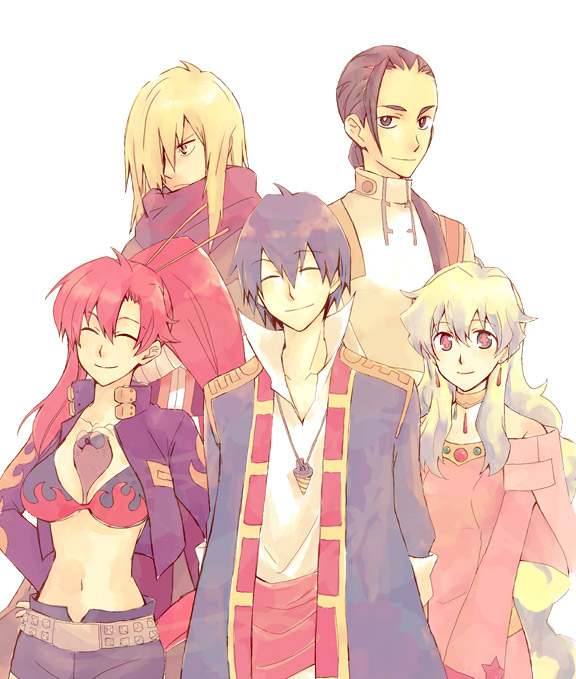 yamasato, boota (ttgl), nia teppelin, rossiu adai, simon (ttgl), viral (ttgl), yoko littner, tengen toppa gurren lagann, bad id, bad pixiv id, 00s, 2girls, 3boys, bare shoulders, belt, blonde hair, blue hair, bra, breasts, brown eyes, brown hair, coat, core drill, dress, earrings, hair over one eye, jacket, jewelry, large breasts, long hair, multicolored hair, multiple boys, multiple girls, navel, necklace, pink eyes, ponytail, red hair, scarf, short hair, shorts, smile, underwear, very long hair, white background