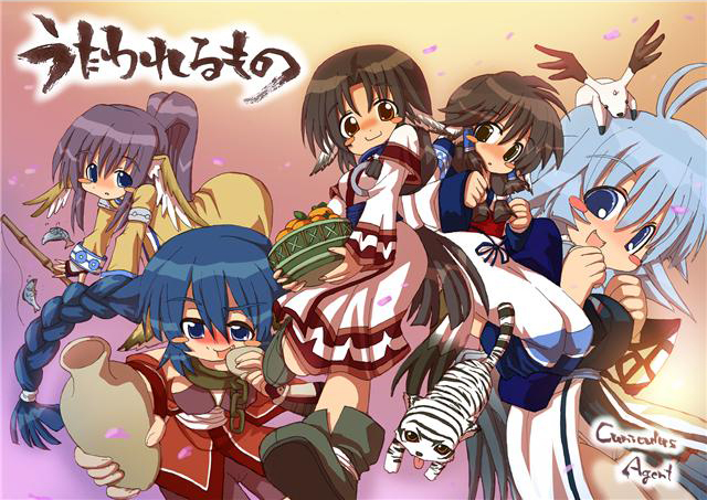izumi, kurokawa izumi, yuifigo0710, aruruu, camyu, eruruu, karulau, touka (utawarerumono), utawarerumono, bad id, bad pixiv id, 00s, 5girls, alcohol, animal ears, cherry blossoms, collar, drunk, fish, food, fruit, head wings, multiple girls, ponytail, purple hair, sake, wings