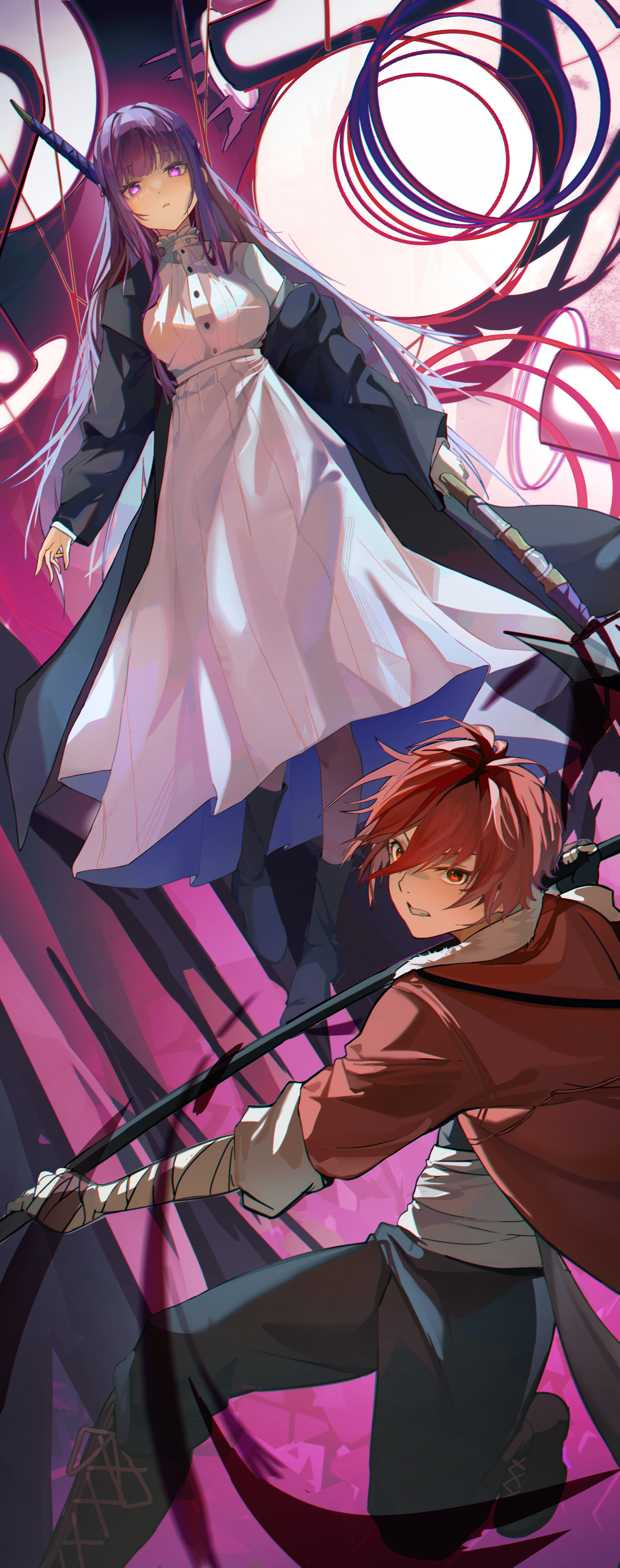fern (sousou no frieren), stark (sousou no frieren), sousou no frieren, absurdres, commentary request, highres, 1boy, 1girl, axe, bandaged arm, bandages, bigchaping, black boots, blood on axe, blunt bangs, boots, breasts, brown boots, coat, dress, dynamic pose, fingerless gloves, fur-trimmed coat, fur trim, gloves, holding, holding axe, holding staff, knee boots, lace-up boots, large breasts, long hair, looking at viewer, purple eyes, purple hair, red coat, red eyes, red hair, short hair, sidelocks, single fingerless glove, single off shoulder, staff, white dress