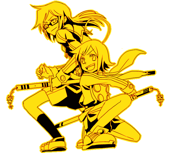 kochoko, kurogane hayate, mudou ayana, hayate x blade, bad id, bad pixiv id, 00s, 2girls, :d, ahoge, closed mouth, fighting stance, full body, glasses, goggles, kneeling, looking at viewer, monochrome, multiple girls, open mouth, sheath, sheathed, shoes, simple background, smile, smirk, socks, sword, tassel, weapon, white background, yellow theme