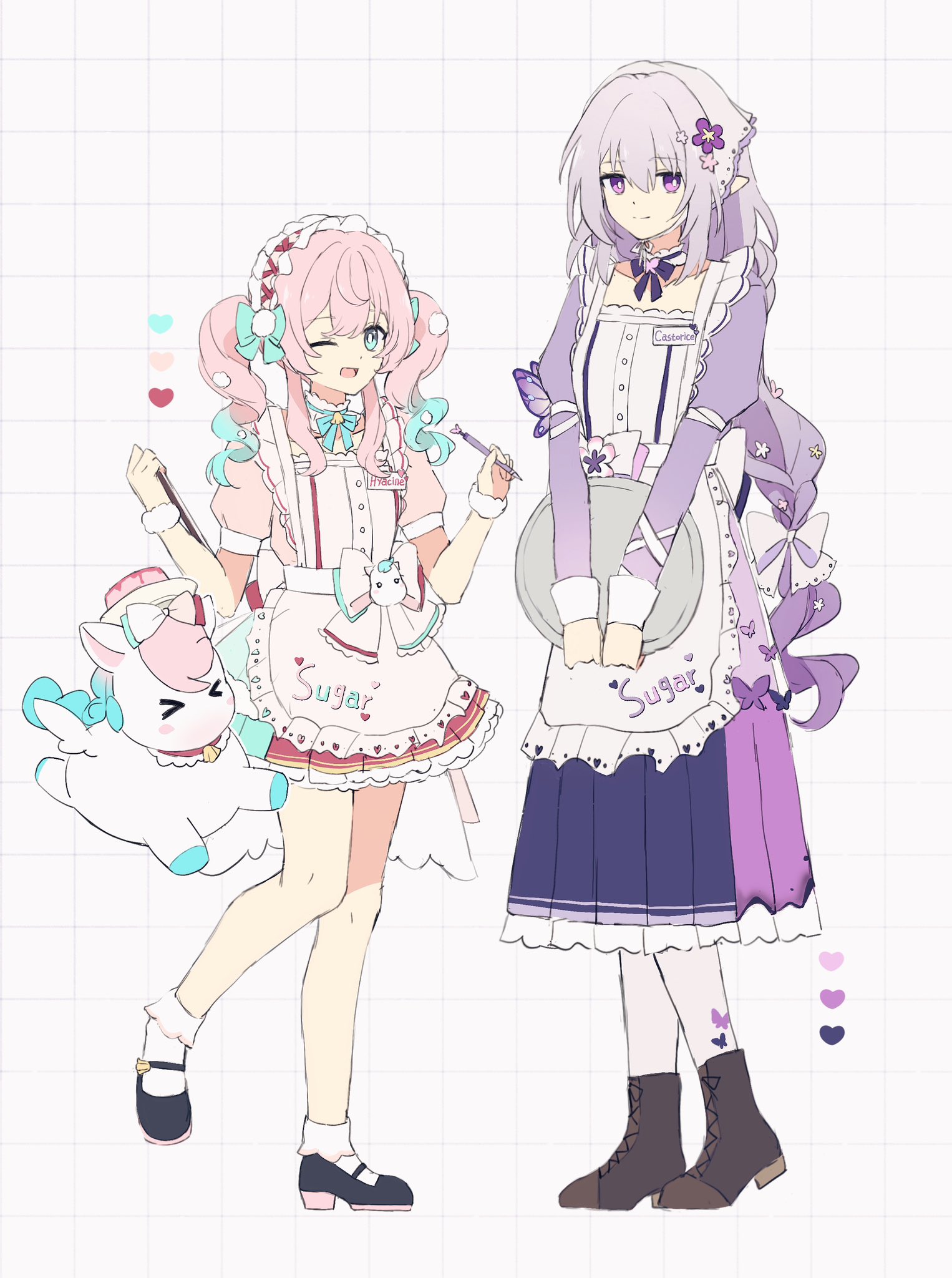 castorice (honkai: star rail), hyacine (honkai: star rail), honkai: star rail, honkai (series), highres, 2girls, alternate costume, apron, aqua eyes, aqua hair, black boots, black shoes, boots, bright pupils, clipboard, closed mouth, dress, enmaided, full body, holding, holding clipboard, holding pen, holding tray, ki ii37, long hair, long sleeves, looking at viewer, maid, multicolored hair, multiple girls, name tag, one eye closed, open mouth, pantyhose, pen, pink dress, pink hair, purple dress, purple eyes, purple hair, shoes, short sleeves, socks, standing, standing on one leg, tray, twintails, wa maid, white apron, white pantyhose, white pupils, white socks