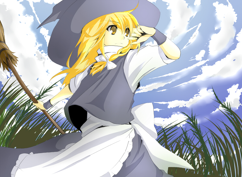 shiina (pixiv137539), kirisame marisa, touhou, bad id, bad pixiv id, 1girl, apron, blonde hair, braid, broom, brown eyes, cloud, day, female focus, hair ribbon, hat, ribbon, shiina (pixiv), side braid, sky, solo, witch hat, wrist cuffs