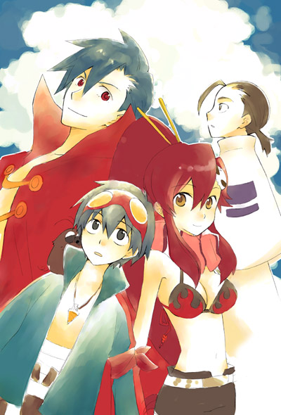 yamasato, kamina (ttgl), rossiu adai, simon (ttgl), yoko littner, tengen toppa gurren lagann, bad id, bad pixiv id, 00s, 1girl, 3boys, ahoge, belt, bikini, bikini top only, breasts, brown hair, cape, cleavage, collarbone, drill, goggles, goggles on head, jacket, jewelry, long hair, long sleeves, looking at viewer, multiple boys, necklace, open clothes, open jacket, pendant, ponytail, red eyes, shorts, swimsuit, very long hair