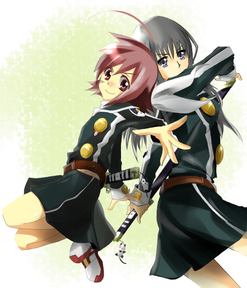 shiina (pixiv137539), kuga jun, kurogane hayate, hayate x blade, bad id, bad pixiv id, 00s, 2girls, ahoge, black hair, charm (object), cowboy shot, full body, grey eyes, jumping, long hair, long sleeves, looking at viewer, multiple girls, red eyes, red hair, school uniform, shiina (pixiv), short hair, skirt, sword, weapon