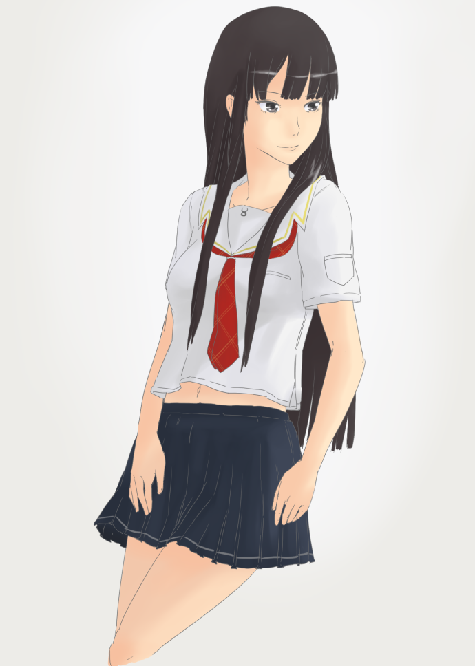 hachimitsuboi, futami eriko, kimi kiss, black eyes, black hair, long hair, school uniform, serafuku, skirt, solo