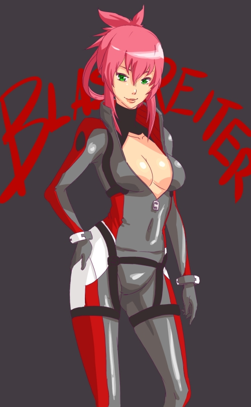 hachimitsuboi, amanda werner, blassreiter, 00s, 1girl, bodysuit, breasts, cleavage, female focus, green eyes, medium breasts, pink hair, solo, zipper