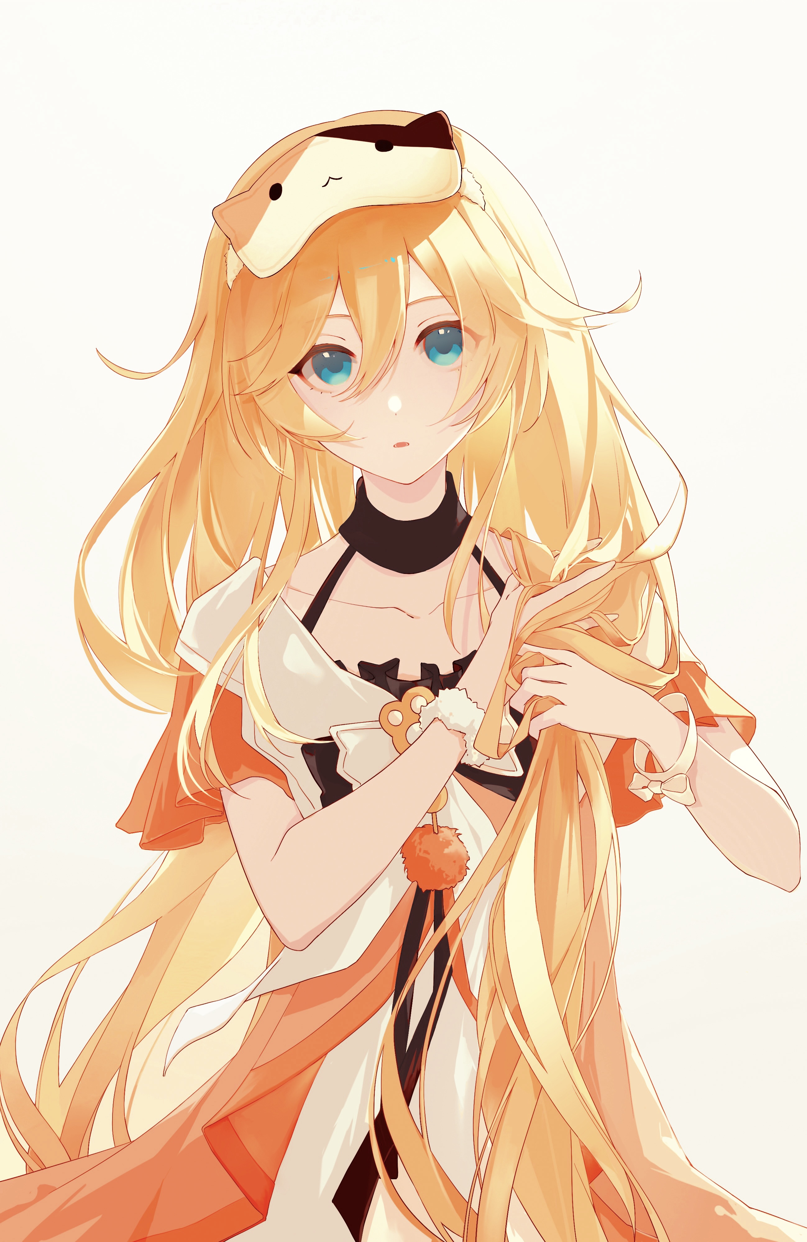 michele (feline energy) (strinova), michele (strinova), strinova, absurdres, highres, 1girl, :o, adjusting hair, blonde hair, blue eyes, collarbone, dot nose, frills, hair between eyes, hair over shoulder, halterneck, hand in own hair, laox4, long hair, looking at viewer, official alternate costume, parted lips, scrunchie, simple background, sleep mask, solo, teeth, white background, wrist scrunchie