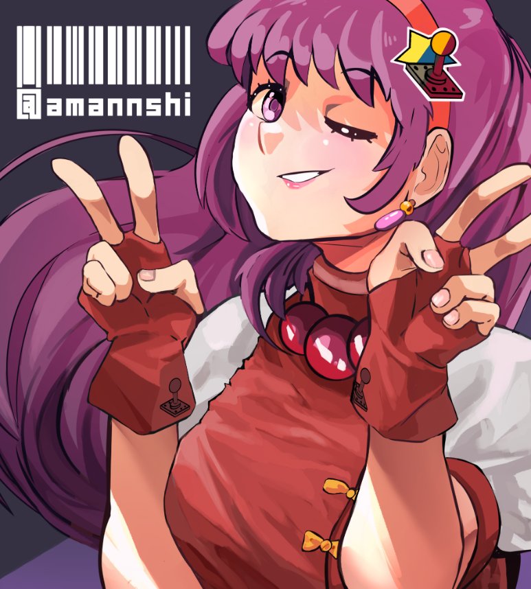 amannshi, asamiya athena, the king of fighters, 1girl, breasts, dress, earrings, female focus, gloves, hairband, hand up, jewelry, large breasts, long hair, looking at viewer, one eye closed, pale skin, purple eyes, purple hair, smile, smiley face, star (symbol), stick, wink