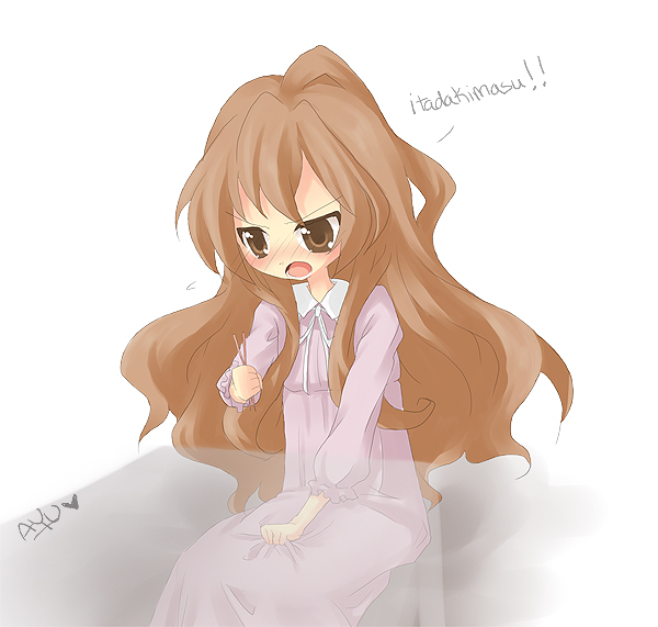 moorina, aisaka taiga, toradora!, 00s, 1girl, blush, brown eyes, brown hair, female focus, long hair, pajamas, solo, very long hair