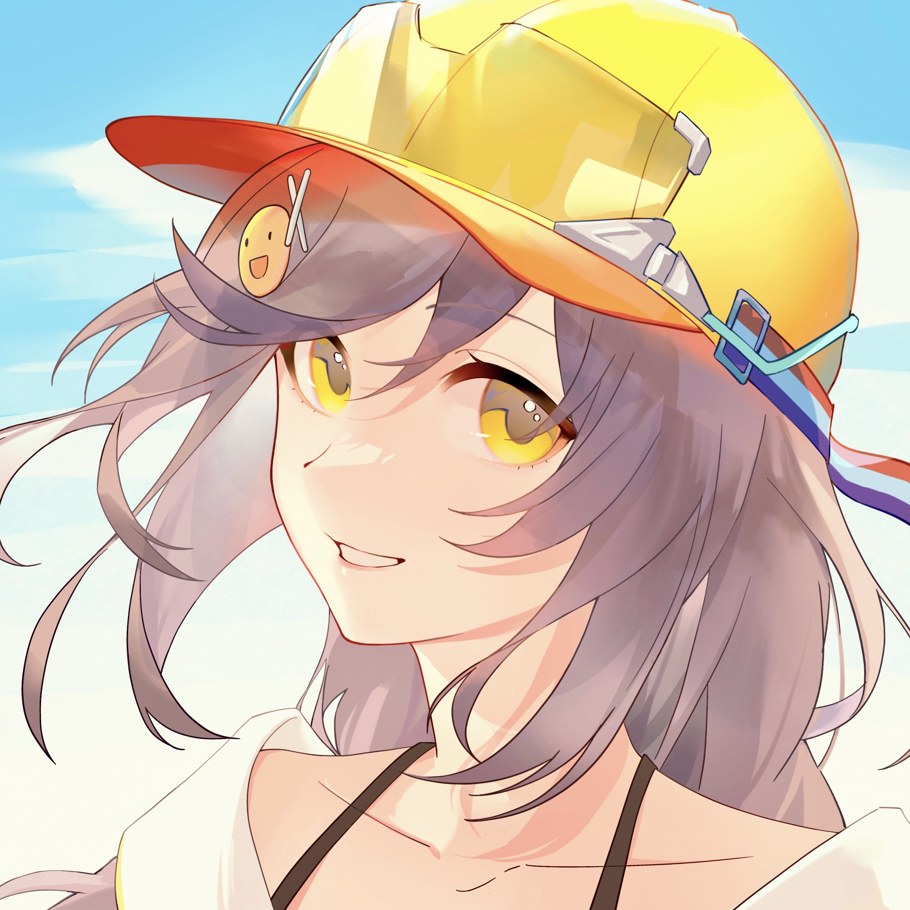 kokona (rockin' duck) (strinova), kokona (strinova), strinova, absurdres, highres, 1girl, bare shoulders, baseball cap, brown hair, collarbone, goggles, goggles on headwear, hair ornament, hairclip, halterneck, hat, laox4, long hair, looking at viewer, low ponytail, official alternate costume, outdoors, parted lips, ponytail, sidelocks, sky, smile, smiley face, solo, spaghetti strap, teeth, yellow eyes