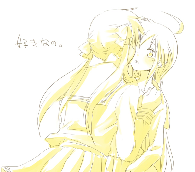 kochoko, hiiragi kagami, izumi konata, lucky star, bad id, bad pixiv id, 00s, 2girls, ahoge, blush, confession, mole, mole under eye, monochrome, multiple girls, school uniform, serafuku, yellow theme, yuri