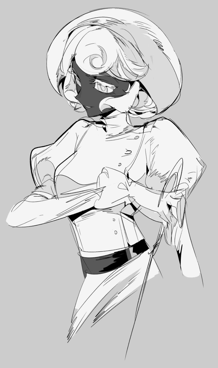 5320 (eankbi1yevm7u), lace (hollow knight), hollow knight, hollow knight: silksong, belt, black skin, breasts, buttons, colored skin, cropped torso, gloves, grey background, greyscale, hand up, happy, holding, holding weapon, humanization, juliet sleeves, long sleeves, looking afar, medium breasts, monochrome, pin (hollow knight), puffy sleeves, short hair, sidelocks, simple background, sketch, smile, standing, upper body, weapon, white eyes, white gloves, white hair