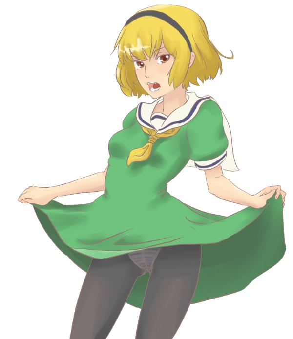 hachimitsuboi, houjou satoko, higurashi no naku koro ni, 00s, 1girl, blonde hair, brown eyes, brown hair, clothes lift, crotch seam, dress, dress lift, fang, female focus, hairband, headband, panties, panties under pantyhose, pantyhose, sailor dress, short hair, solo, striped clothes, striped panties, underwear