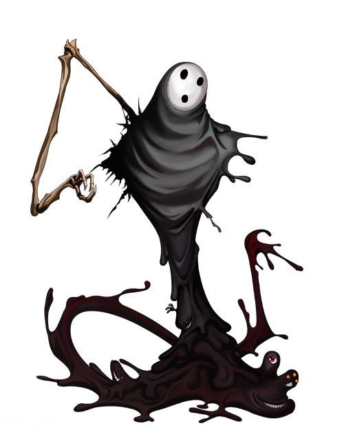 mori toshimichi, arakune, arc system works, blazblue, blazblue: calamity trigger, official art, :o, cloak, creepy, grin, hood, horror (theme), mask, monster, no humans, simple background, skeleton, slime (substance), smile, solo, standing, third eye