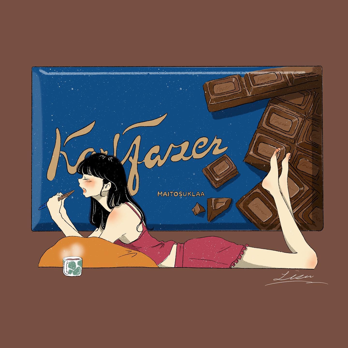 lisa (illustsan430), fazer, original, commentary, english commentary, highres, 1girl, artist name, bare legs, bare shoulders, barefoot, black hair, blush, brown background, camisole, candy, chocolate, chocolate bar, closed eyes, coffee mug, cup, cushion, eating, feet up, finnish text, food, from side, full body, holding, holding chocolate, holding food, long hair, lying, midriff, mug, on stomach, open mouth, red camisole, red shorts, shorts, signature, solo, steam, the pose