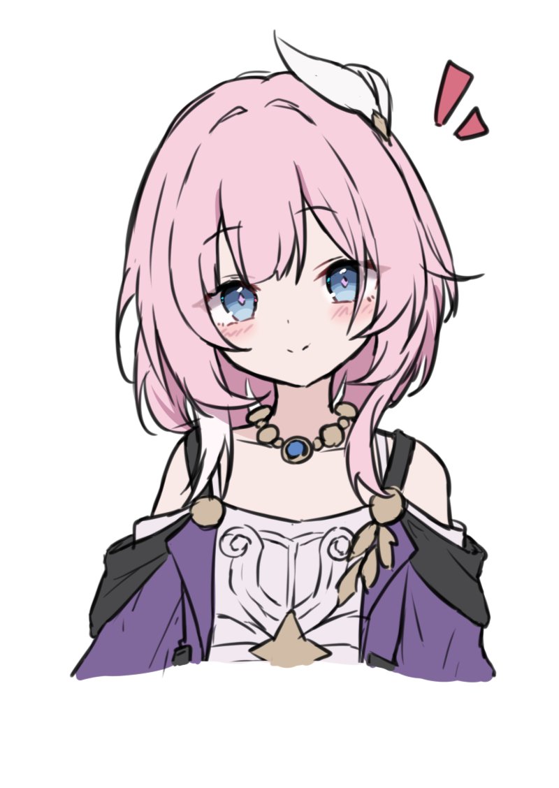 hayashi maka, cyrene (honkai: star rail), honkai: star rail, honkai (series), 1girl, bare shoulders, blue eyes, blush, center-flap bangs, closed mouth, cropped torso, cyrene (aedes elysiae) (honkai: star rail), diamond-shaped pupils, diamond (shape), double-parted bangs, feather hair ornament, feathers, flat chest, gold, hair intakes, hair ornament, head tilt, jacket, looking at viewer, medium hair, multicolored hair, notice lines, off-shoulder jacket, off-shoulder shirt, off shoulder, open clothes, open jacket, pink hair, pink pupils, purple jacket, shirt, simple background, smile, solo, split mouth, straight-on, streaked hair, symbol-shaped pupils, two-tone hair, white background, white feathers, white shirt, white streaks