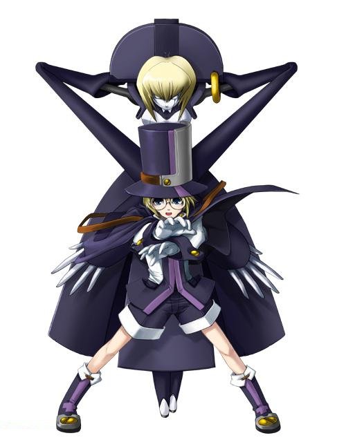 mori toshimichi, carl clover, nirvana (blazblue), arc system works, blazblue, blazblue: calamity trigger, purple footwear, official art, 1boy, 1girl, blonde hair, blue eyes, boots, cape, child, dress, empty eyes, fighting stance, glasses, gloves, hat, open mouth, puppet, robot, round eyewear, short hair, shorts, simple background, spread legs, standing, strap, top hat, white eyes
