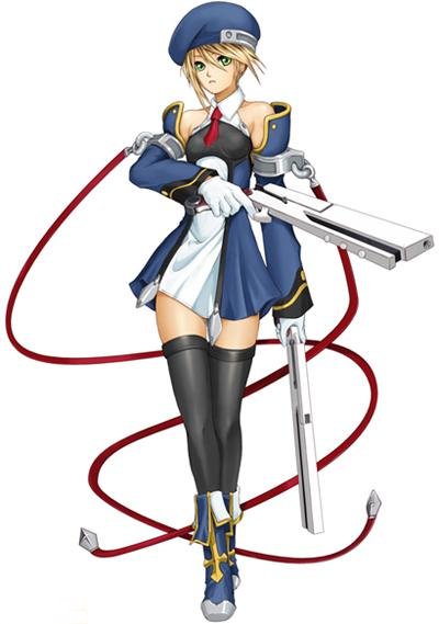 mori toshimichi, noel vermillion, arc system works, blazblue, blazblue: calamity trigger, official art, 1girl, beret, blonde hair, blue boots, boots, breasts, cable, cross, detached sleeves, dress, dual wielding, female focus, full body, gloves, green eyes, gun, handgun, hat, holding, necktie, open mouth, short dress, short hair, simple background, small breasts, solo, standing, thigh gap, thighhighs, weapon, zettai ryouiki