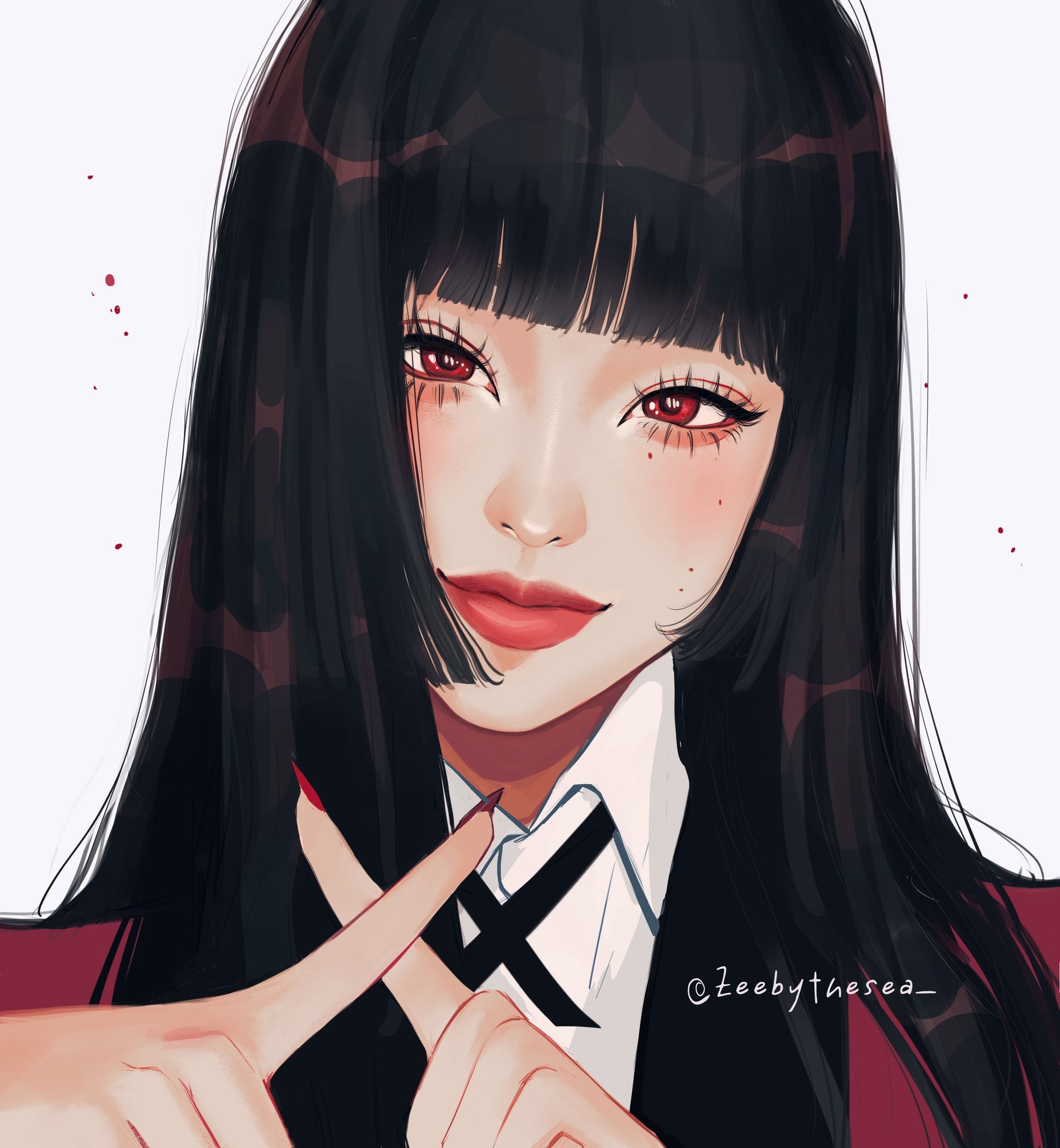 zeebythesea, jabami yumeko, kakegurui, highres, 1girl, aegyo sal, asian, black hair, blazer, blunt bangs, closed mouth, collared shirt, colored lapels, cross tie, crossed fingers, eyelashes, fingernails, formal clothes, hair over shoulder, head tilt, hime cut, hyakkaou academy school uniform, jacket, lapels, light particles, light smile, long fingernails, long hair, looking at viewer, mole, mole on cheek, multiple moles, nail polish, portrait, red eyes, red jacket, red nails, red suit, school uniform, shirt, suit, thick eyebrows, thick lips, twitter username, white background, white shirt