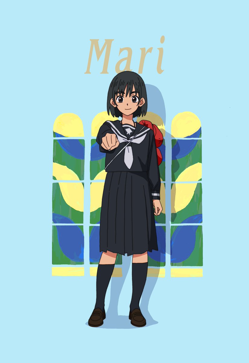tani shiori, 1girl, black eyes, black hair, black serafuku, black skirt, brown shoes, full body, kneehighs, loafers, long sleeves, looking at viewer, moon, neckerchief, ootsu mari, pleated skirt, sayonara lara, school uniform, serafuku, shoes, short hair, skirt, smile, socks, solo, standing