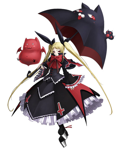mori toshimichi, gii, nago, rachel alucard, arc system works, blazblue, blazblue: calamity trigger, official art, 1girl, :3, :p, animal hands, bat (animal), bat wings, blonde hair, blush stickers, bow, bowtie, cat, claws, colored skin, cross, female focus, flying, frills, gothic lolita, hair ribbon, lolita fashion, long hair, o o, parasol, platform shoes, red bow, red eyes, red skin, ribbon, shoes, simple background, skirt, solo, standing, tongue, tongue out, twintails, umbrella, vampire, very long hair, white background, wings
